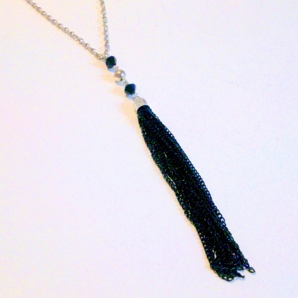 Silver Tone Black Chain Tassel Necklace